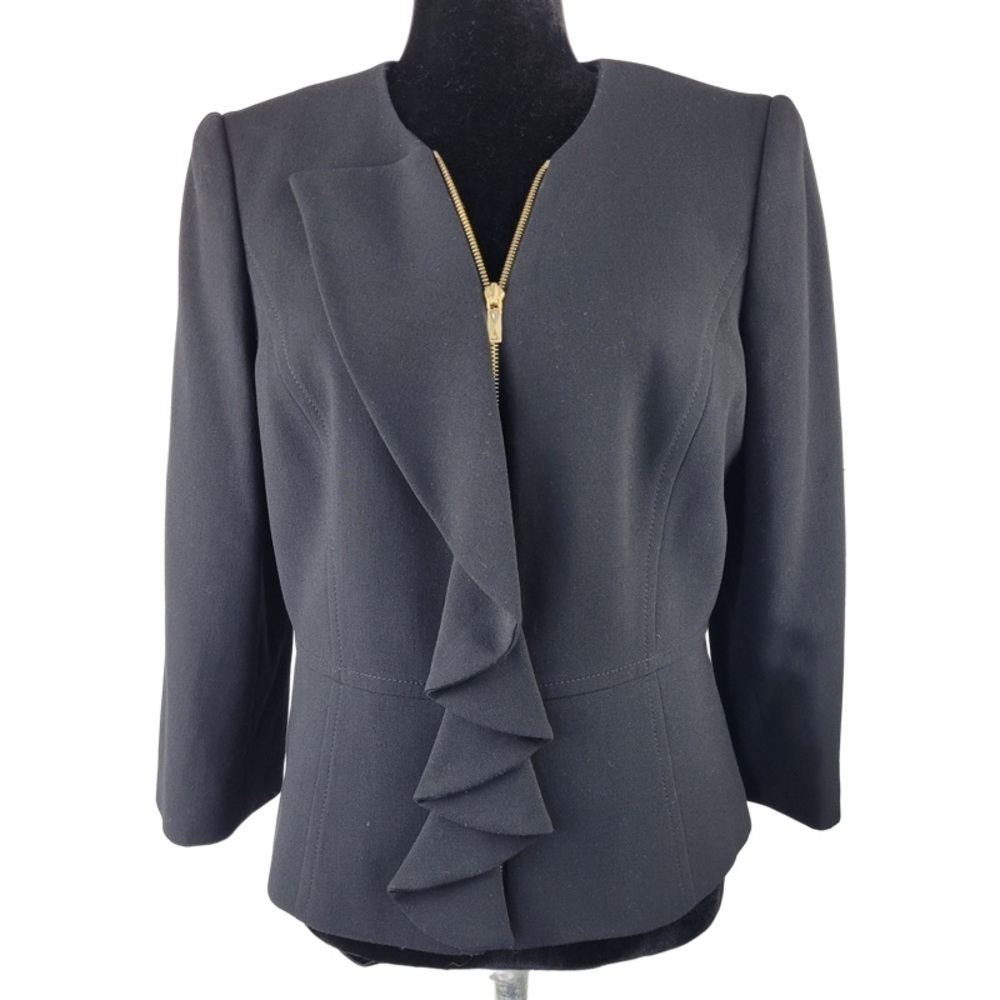 ✅ Tahari Arthur S. Levine Black Ruffled Full Zip Blazer Petite size 10 Petite